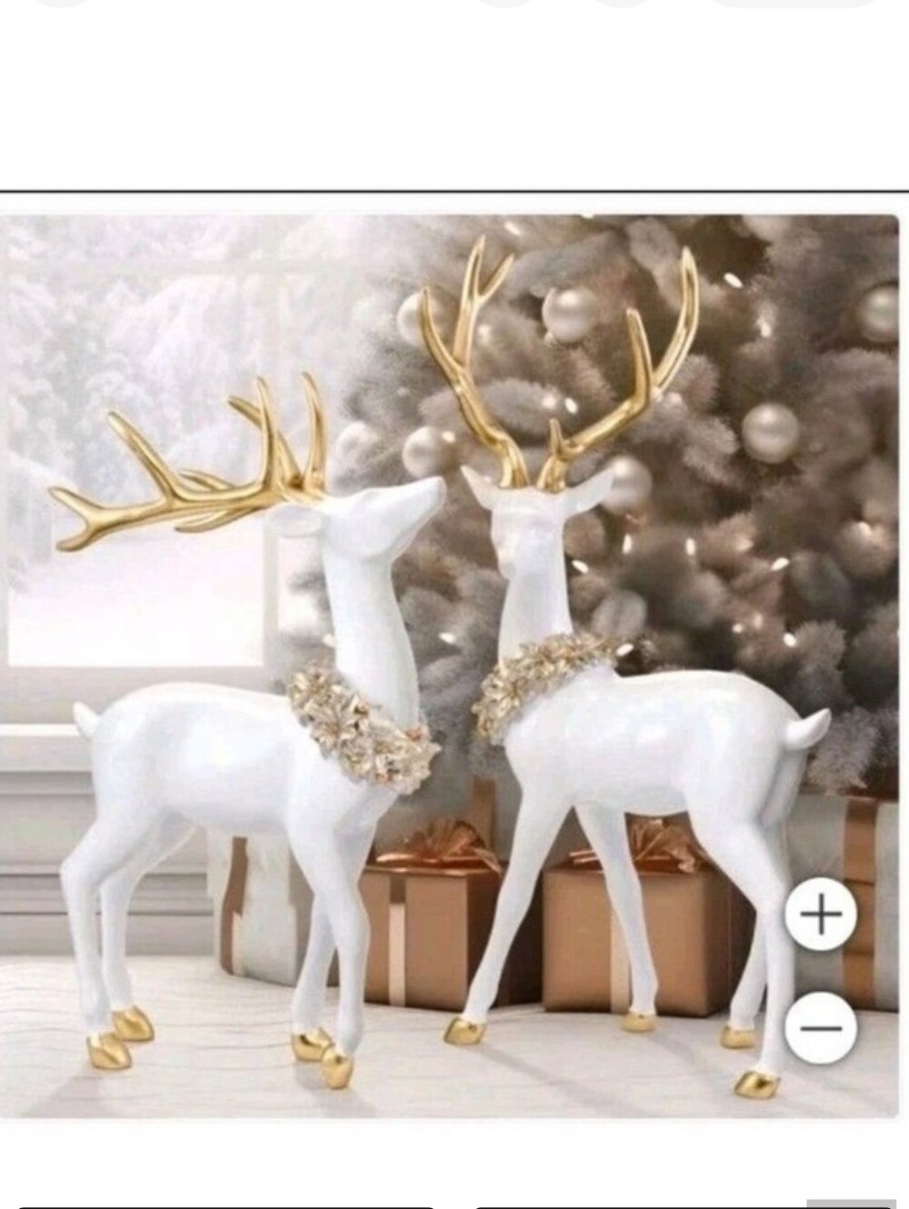 ELEGANT SET OF 2WHITE CHRISTMAS DEERGREETERS - GOLD ANTLERS & WREATHS